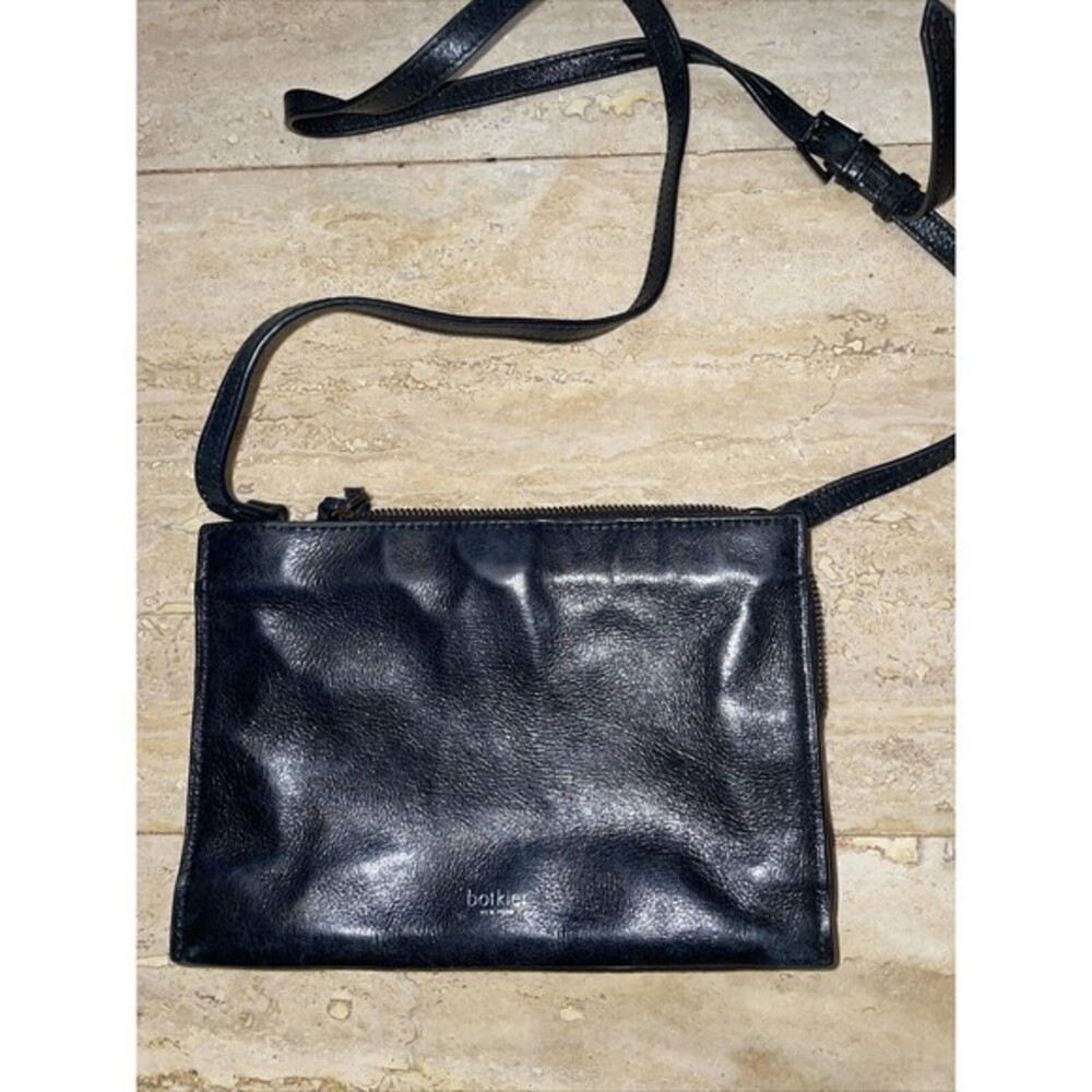bolkier New York Black leather Crossbody Clutch zippers Purse Bag 9.5x6.5x2”